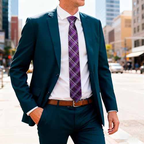 Image of Barry.Wang Plaid Ties Mens Silk Necktie and Tie Clip Checkered Tie for Wedding Party Business Formal