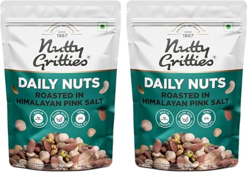 Image of Nutty Gritties Daily Nuts with 5 Exotic Nuts Macadamias, Hazelnuts, Pistachio Kernels, Almonds, Cashews | Dry Roasted with Himalayan Pink Salt | Healthy Snack with Zero Oil, 200g (Pack of 2)