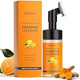 SHVYOG Vitamin C Turmeric Face Wash, Turmeric Foaming Facial Cleanser for Dark Spot, Uneven Skin Tone, Skin Cleansing, Moisturizing, Exfoliating Facial Cleanser with Brush,Unisex
