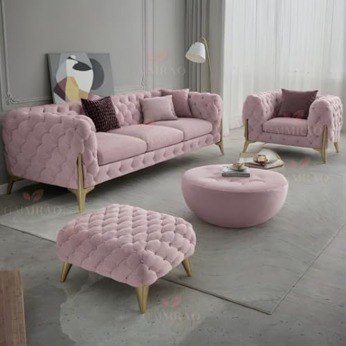 Image of 4 Seater Sofa Set Modern Classic Chesterfield Style Sofa Set with Pillows for Living Room, Bedroom and Office and Hallway Colour (3+1+OTTO Pink FC)