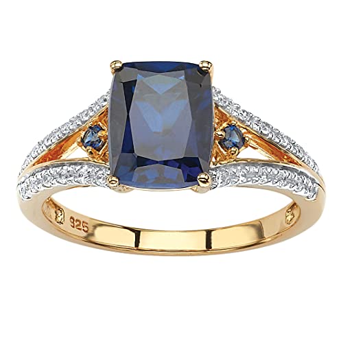 18K Yellow Gold over Sterling Silver Emerald Cut Created Blue Sapphire and Cubic Zirconia Engagement Ring