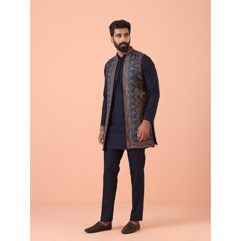 Image of KISAH Mens Kurta Jacket Trouser Set|Pashmina Fabric Jacquard Pattern Mens Ethnic Wear|Regular Fit, Navy Blue