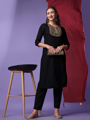 Image of Naixa Women's Viscose Rayon Embroidered Straight Kurta with Pant and Dupatta Set (NK-335)