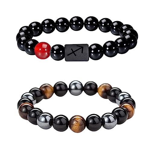 Caimeytie Lot de 2 Bracelets pour Homme réglables en Perles élastiques Constellation Signes du Zodiaque Porte-Bonheur 21,5 cm