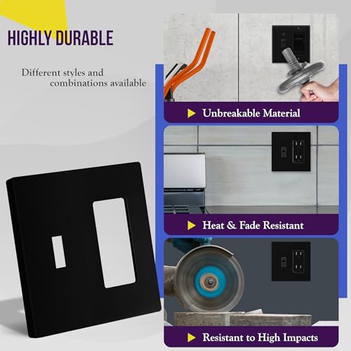 Image of ENERLITES Combination Toggle Light Switch /Decorator Light Switch Plate, Double Switch Wall Plate, Standard Size 2-Gang 4.68 inch x 4.73 inch, Polycarbonate Thermoplastic, Gloss Finish, SI881131-BK, Black