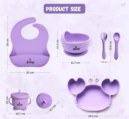 Image of JAAIP Silicone Baby Feeding Set - Suction Plate, bib, Fork, Bowl and Spoon for Products 6 to 12 Months Babies Spoons with Plates for Eating (Purple)