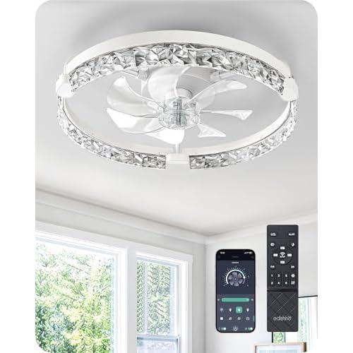 EDISHINE 20'' Ceiling Fans with Lights and Remote, Low Profile Flush Mount Fandelier, 3000-6000K Dimmable, 6 Speeds, DC Motor, LED Modern Bladeless Fan Light for Bedroom, Living Room, White