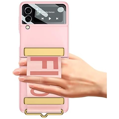 HJCMikee for Galaxy Z Flip 3 Wristband Stand Case, ZFlip3 All-Protective Cover Case with Hinge Protection and Back Screen Protector for Samsung Galaxy Z Flip 3 5G (2021)-Pink Cover