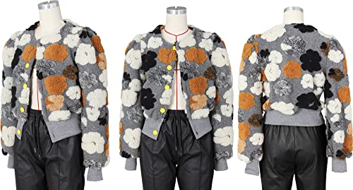 Lucuna Women's Fuzzy Fleece 3D Floral Button Down Crew Neck Loose Fluffy Bomber Jacket Coat Outerwear #TOP4