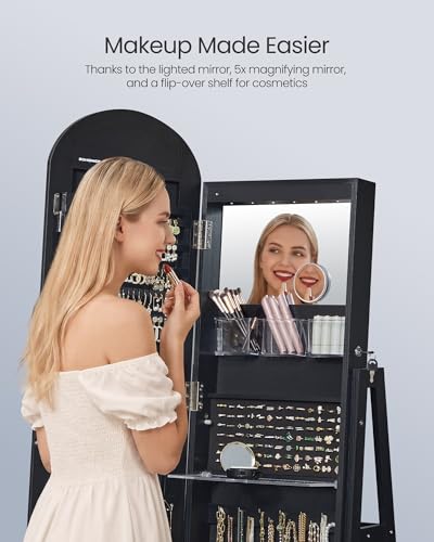 Image of SONGMICS 360 Swivel Jewelry Cabinet, Full-Length Arched Mirror with LED Lights, Magnifying Mirror, Storage Shelves, Drawer, Ink Black UJJC030BC01
