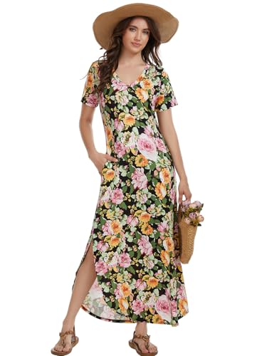Image of Women's V-Neck Short Sleeve Maxi Sundress Summer Floral Boho Beach Dress with Pockets