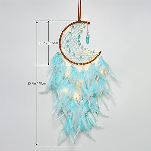 Dremisland Moon Dream Catcher With Fairy Lights-Handmade Feather Lucky Turquoise Pendant Beads Wall Hanging Ornament For Kids Bedroom Home Decoration ,Art Craft Gift. ( Sky Blue ) #TOP3