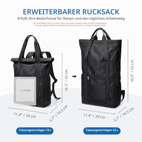 GOLF QUALITY Rolltop Rucksack Damen Herren, Rucksack Tasche 2 in 1 Damen Foldable Handtasche Leichtgewicht Casual Schultertasche Nylon Reiserucksack Arbeit Wander,22L Schwarz