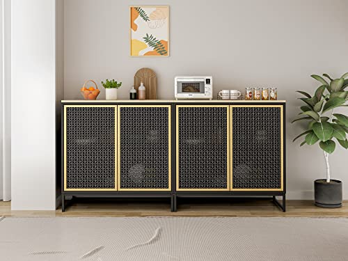 Cemkar Modern 2 Door Decorative Cabinet Storage Cabinet, Mid-Century Kitchen Buffet Sideboard With Rattan Iron Door And Adjustable Shelves, Modern Furniture Decor Gold+Black #TOP5
