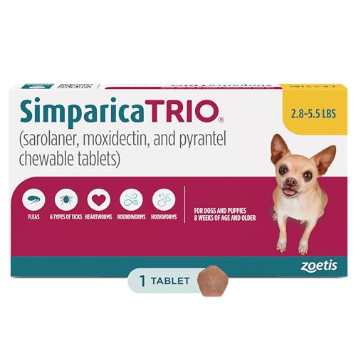 Simparica Trio (sarolaner, moxidectin, and pyrantel chewable Tablets) Chewables for Dogs, 3 mg/tab, 2.8-5.5 lbs, (Gold), 1 Tablet