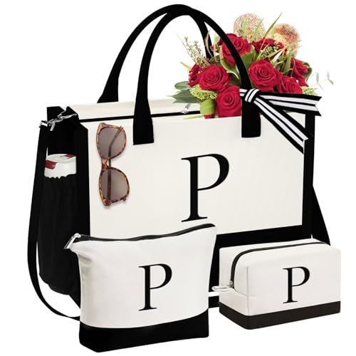 YOOLIFE Teacher Appreciation Gifts for Women, Canvas Tote Bag, Initial P