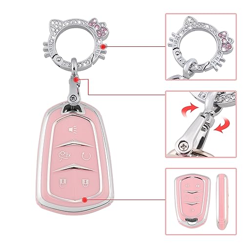 Image of Pangpai Pink Key Fob Cover for Cadillac, Soft TPU Key Case Protection with Bling Keychain Fit for Cadillac Escalade CTS SRX XT5 ATS CT6 5 Buttons Smart Key Case