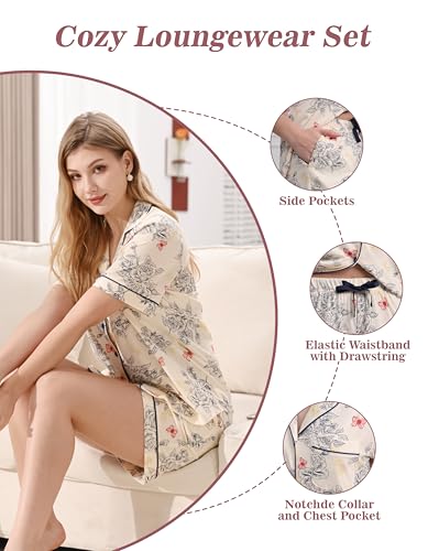 Image of NAP BOUND 100% Cotton Pajamas for Women Sets 2 Pieces Pjs Button short sleeves with Pockets Soft Sleepwear Loungewear XS-XXL