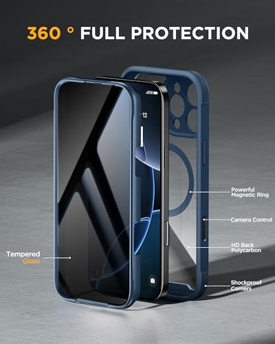 Image of miracase Privacy for iPhone 16 Pro Max Case, 25 Anti-Spy, Blue | Built-in Privacy Screen Protector, Compatible with MagSafe, Full Camera Protection, 360 Full Body Shockproof Phone Case 6.9 inch