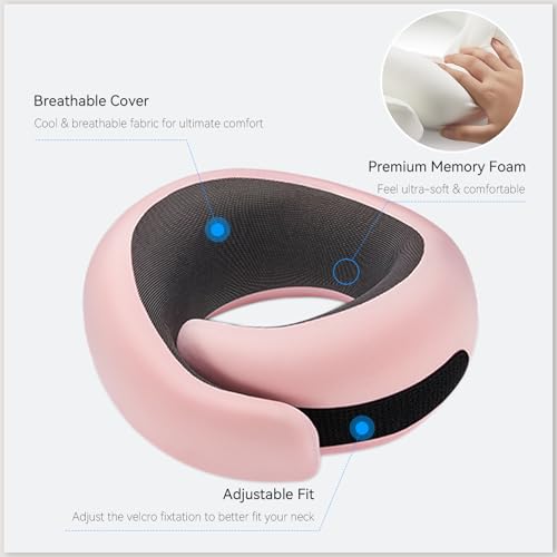 Image of Travel Neck Pillow for Airplanes, 100% Pure Memory Foam Travel Pillow with Ergonomic 360 Support, Travel Essentials for Long Flights, Car, Train and Home, Max Pink