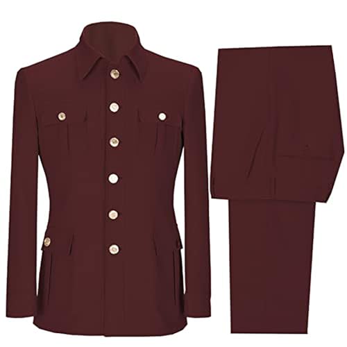 Mens Suit Slim Fit - 2 Piece Suits for Men Multi-Pocket Tuxedos Jacket Button-Down Casual Suit with Gold Buttons