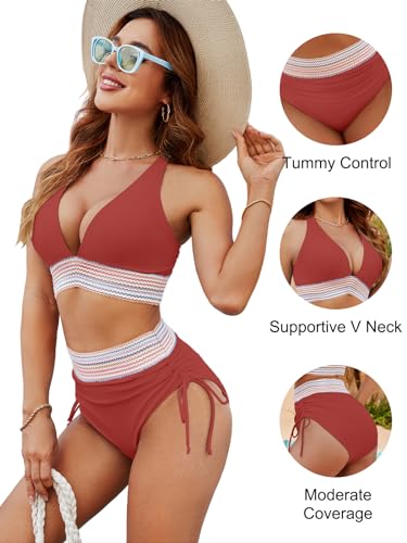 Image of Blooming Jelly Women High Waisted Bikini Sets Tummy Control Swimsuits Color Block Two Piece Drawstring Bathing Suit