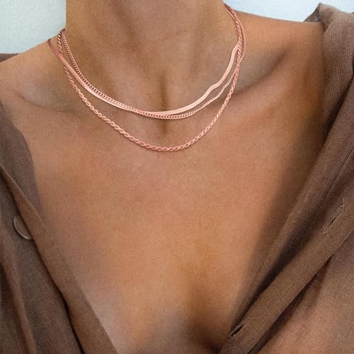 Image of Freekiss Layered Necklace Set for Women Stackable | Herringbone Snake Cuban Rope Chain, Dainty Choker, Layered Stackable, Non Tarnish, Hypoallergenic, Adjustable 14-18.5 inch