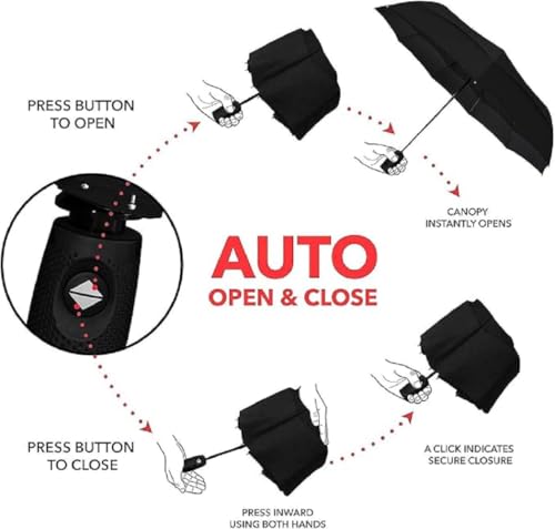 Image of Automatic Travel Umbrella Windproof 3-Fold Compact Design with Auto Open Close Button, Strong Metal Frame Folding Rain Umbrella with Ergonomic Handle for Men Women Car Travel Black