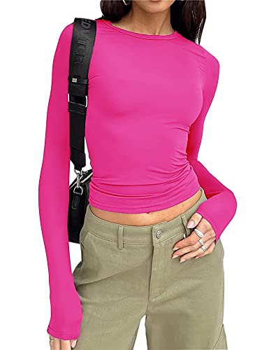 Women's Slim Fit Crop Tops Casual Solid Color Crew Neck Long Sleeve Tight T-Shirt Basic Blouse Tee Tops (Hot Pink, S)
