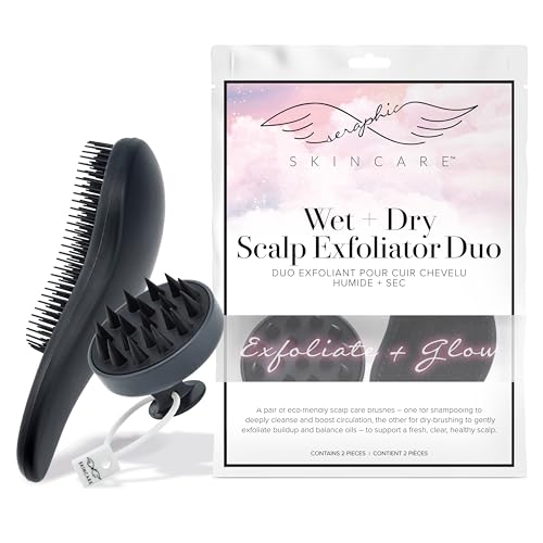 Seraphic Skincare Exfoliador 2 en 1 para cuero cabelludo con cepillo para cabello húmedo y cepillo para el cuero cabelludo seco – Masajeador de cuero cabelludo de silicona suave para limpieza profunda
