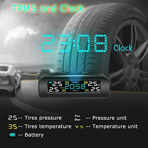 EOHMAK Tire Pressure Monitoring System Wireless Solar TPMS, Tire Pressure Monitor with 4 Sensors Real-time Display Temperature Pressure for Car RV SUV MPV Sedan (Internal)