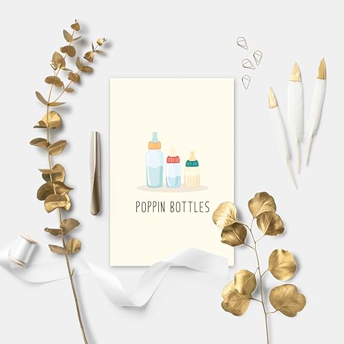 Image of Funny Baby Shower Card - 'POPPIN BOTTLES' Cute Newborn Gift Card for New Parents, Gender Neutral Baby Announcement