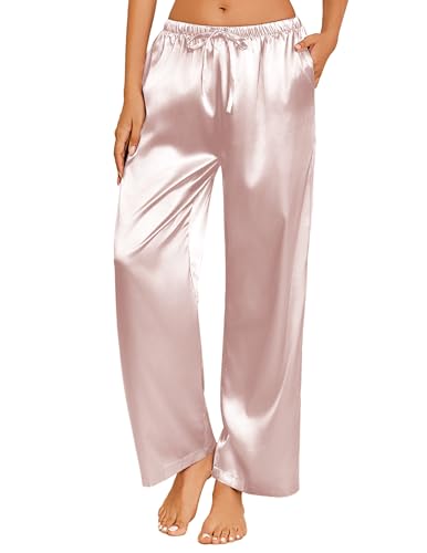 Image of Ekouaer Womens Silk Satin Pajama Lounge Pants Sleep Pj Bottoms with Pockets | Silky,Loose Wide Leg,Drawstring Elastic Waist,Casual,Loose,Elegant