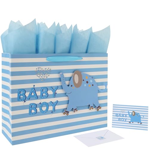 16.5 Extra Large Baby Boy Gift Bag Set with Handles Greeting Card Blue Tissue Papers and Stickers for Boys Kids for Baby Shower Kids Birthday Party Newborn New Moms or Parents 3D elephant Design 1 Pcs