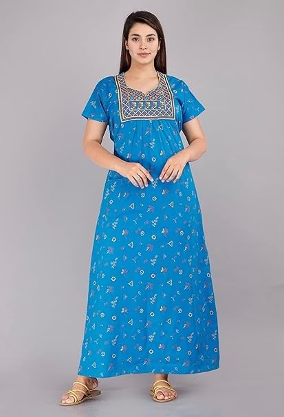 Image of NILOUFO Women's Cotton Jaipuri Nighty Gown - Pack of 2 Rajasthani Print Night Dresses | Maxi Sleepwear with Pocket | Soft Embroidered Loungewear for Ladies