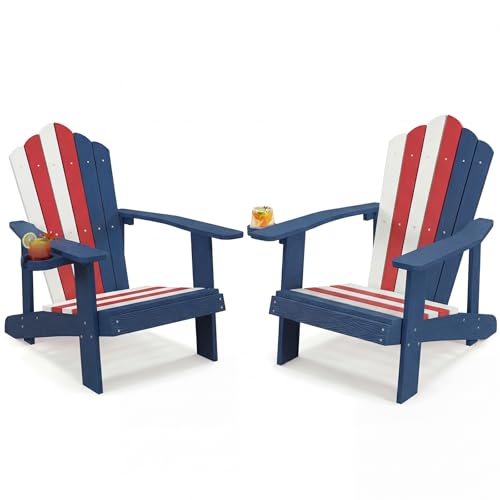 Image of Tangkula Oversized Adirondack Chair, Patio Lounge Chairs w /Adjustable Cup Holder, HIPS Armchairs Slatted Chair, Outdoor Weather Resistant Fire Pit Chair for Deck Backyard Garden Porch (2, US)