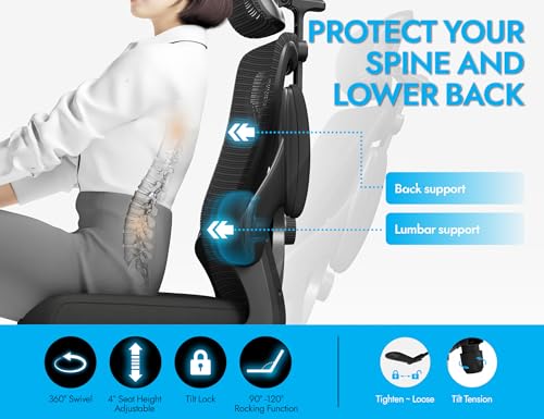 Image of Black Ergonomic Office Chair - Mesh Desk Chair with Adjustable Lumbar Support High Back Computer Gaming Chairs - Big and Tall Office Chairs Adults, Comfortable for Long Hours