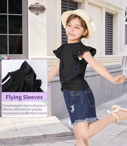 Image of Girls Ruffle Short Sleeve Blouse Twist Front Shirt Summer Crewneck Casual Tops Black 5-6 Years