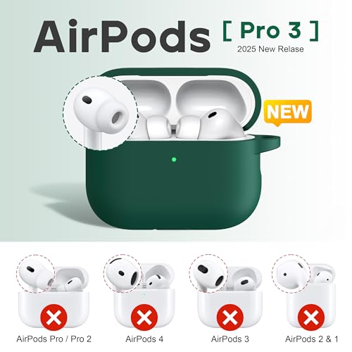 Image of R-fun for AirPods Pro 3 Case (2025), Soft Silicone Protective Case Cover Compatible with Apple AirPods Pro 3rd Generation (USB-C Cable) for Women Men with Cleaning Kit and Keychain, Black Green