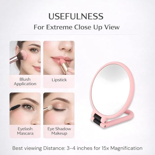 Image of Plastic 1x 15x Magnifying Handheld Square Hand Mirror, Travel Folding Hand Held Mirror, Double Sided Pedestal Magnification and True Image Makeup Mirror for Women with Adjustable Handle, Pink