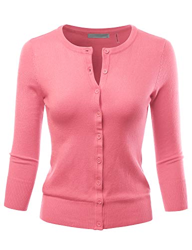 LALABEE Women's 3/4 Sleeve Crewneck Button Down Knit Sweater Cardigan Pink 3XL