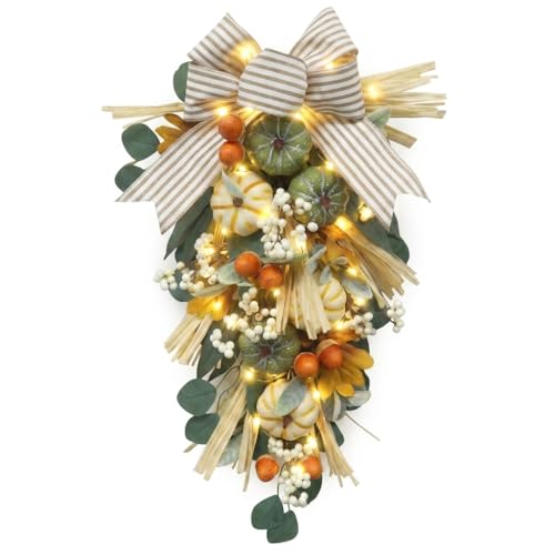 Valery Madelyn 24 Fall Teardrop Swag with White Pumpkins & Lights