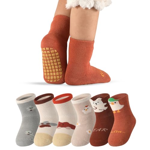SONAMOVE Baby Socks with Grip 6 pairs Non anti Slip Thick Winter Warm cotton Infants Toddler walking Kids Boys Girls 6-12 12-18 months newborn little boy girl stocking 1t-3t 3t-5t cozy MD