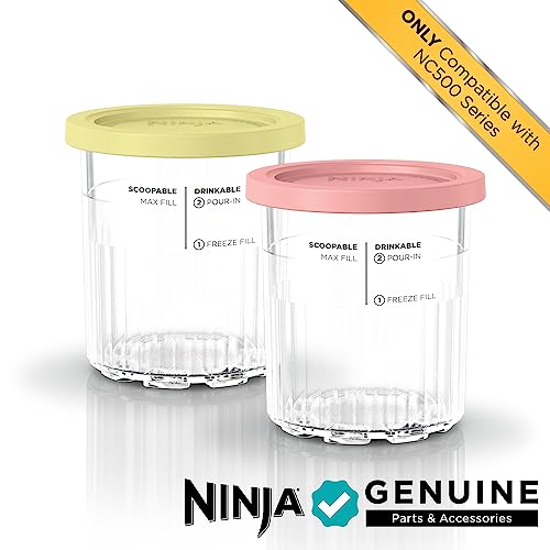 Ninja Creami Deluxe Pints 2 Pack, Compatible with NC500 Series Creami Deluxe Ice Cream Makers, Genuine Ninja Pint, BPA-Free & Dishwasher Safe, Color Lids, 1 Pint Each, Clear/Coral/Yellow, XSKPNTLD2