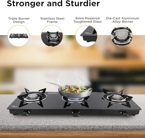 Thermador Gas Stove 3 Burners Manual Ignition|3 Burner Stove with Gas Saver Aluminium Burners Super Sleek Toughened Glass|Glass Chulha 3 Burner|LPG Compatible|ISI Certified| Yr Warranty