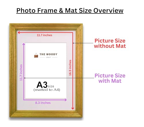 Image of A4 Size Wooden Photo Frame with Mat,Yellow Photo Frame for Wall Decoration, Home Decor for Wall Hanging, Best Wooden Photo Frame for Posters and Photos (A3 Size Matted to A4 Size)