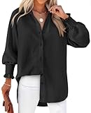 Womens Black Button Down Shirt 2025 Fall Trendy Boyfriend French Collar Blouse Wrinkle Free V-Neck Flowy Office Dress Shirt Work Business Chiffon Tunic Tops Lightweight Plus Size Tops Cute Beach