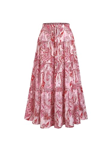 Women's Paisley Maxi Skirt Boho Printed Tiered Ruffle Elastic Waist A Line Flowy Long Skirts