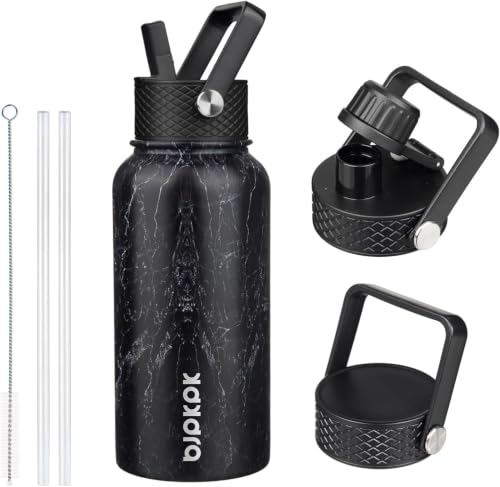 Image of BJPKPK Insulated Water Bottles with Straw Lid, 27oz Stainless Steel Water Bottle with 3 Lids, Leak Proof BPA Free Metal Thermos Mug, Sports Water Bottle Keep Cold & Hot- Midnight (Pack of 5)