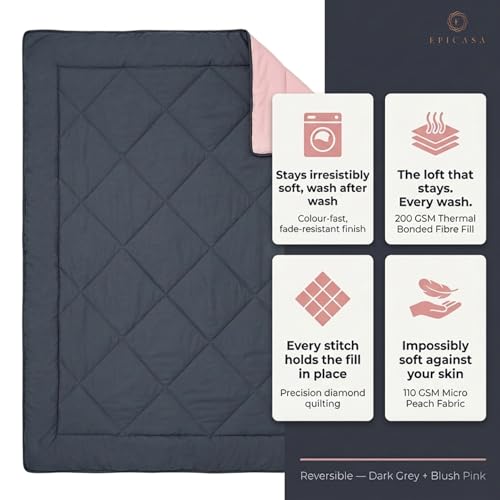 Image of Epicasa Reversible Comforter | 200 GSM Thermal Bonded Fill | 110 GSM Micro Peach Fabric | All Season AC Quilt | Diamond Quilted | Lightweight Duvet Blanket for Home Bedroom | Dark Grey & Blush Pink
